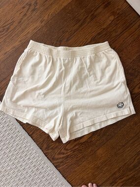 Cream Athletic Lounge Shorts with Smiley Accent